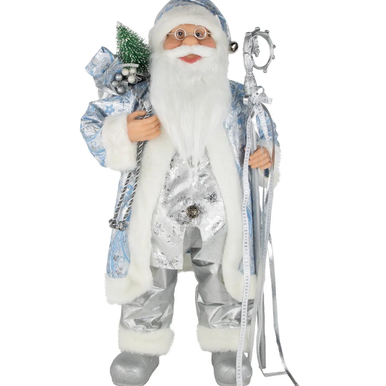 24" Blue and Silver Ice Palace Santa Claus with Staff and Bag Christmas Figure