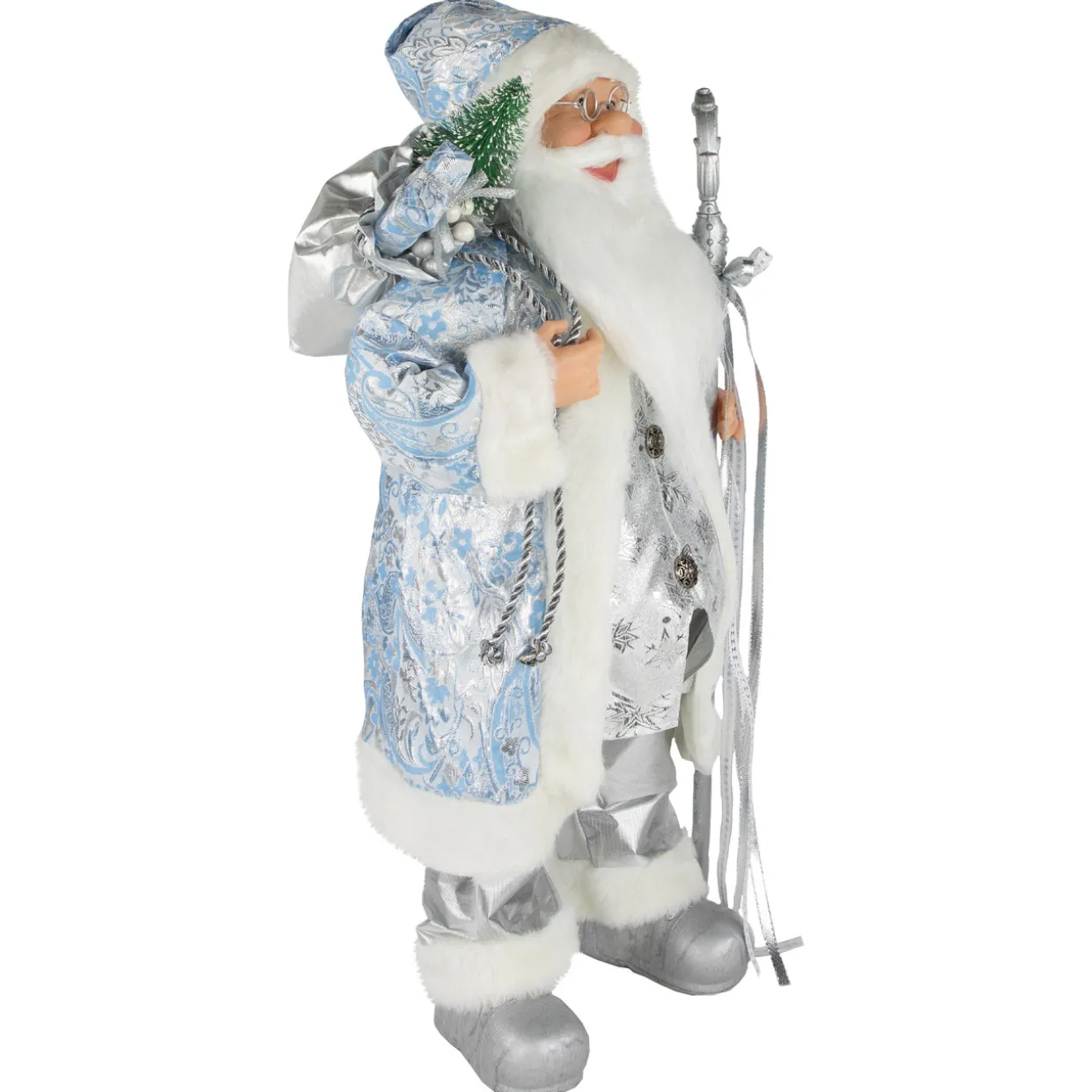 24" Blue and Silver Ice Palace Santa Claus with Staff and Bag Christmas Figure
