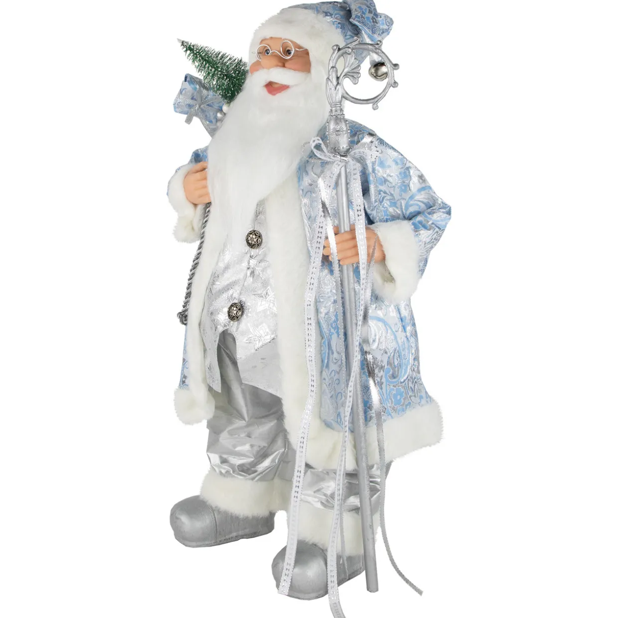 24" Blue and Silver Ice Palace Santa Claus with Staff and Bag Christmas Figure