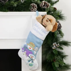 21" Blue and White "Baby's First Christmas" Snowman Stocking