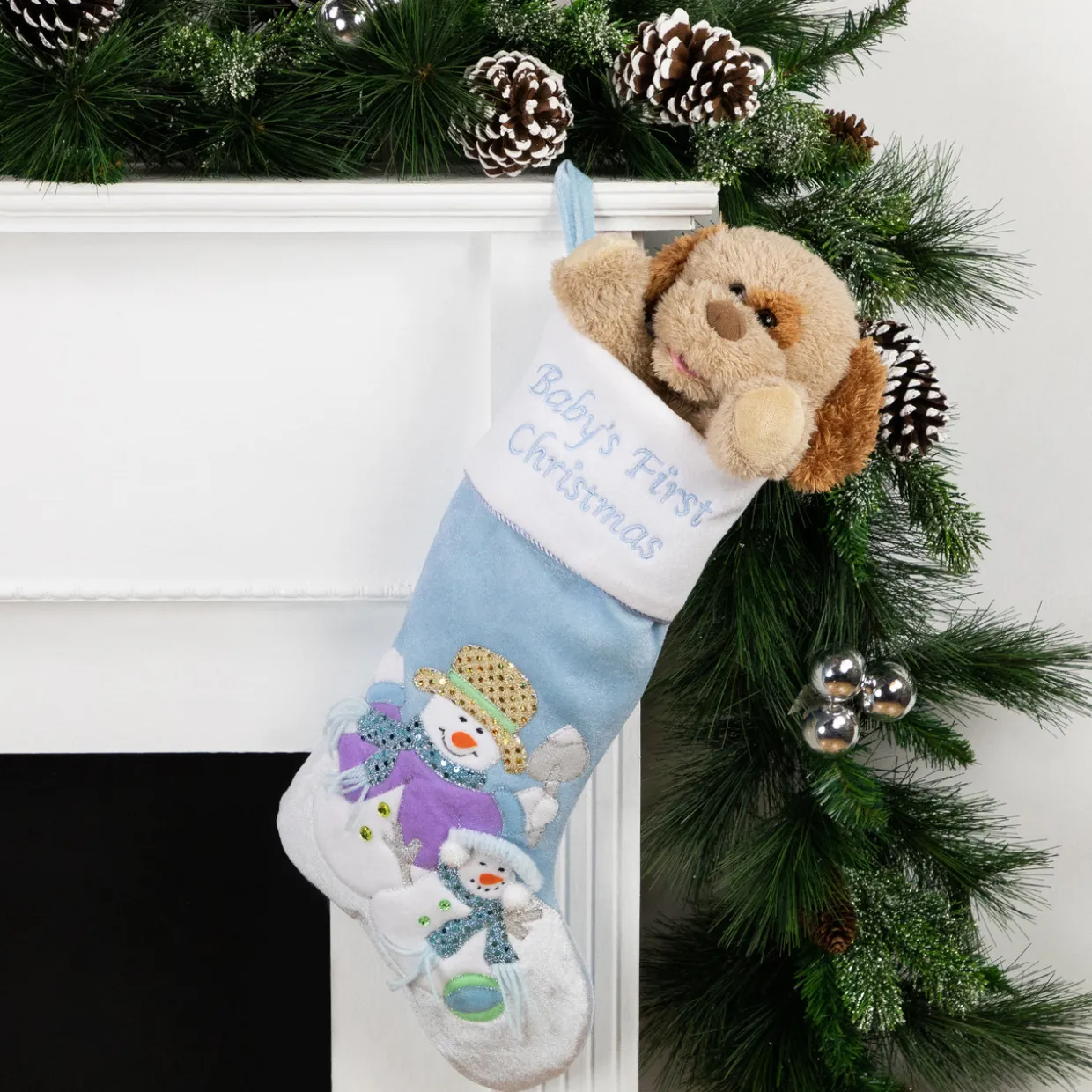 21" Blue and White "Baby's First Christmas" Snowman Stocking