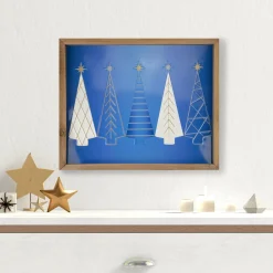 17.75" Blue and White Christmas Trees Wooden Framed Wall Art