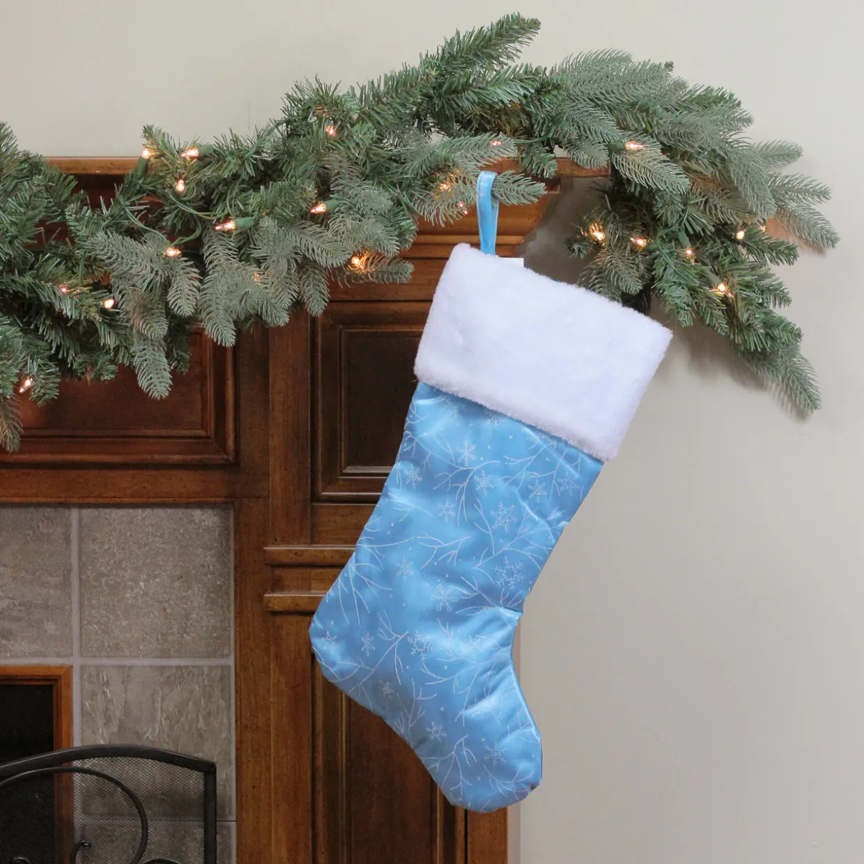 21" Blue and White Glitter Snowflake Christmas Stocking