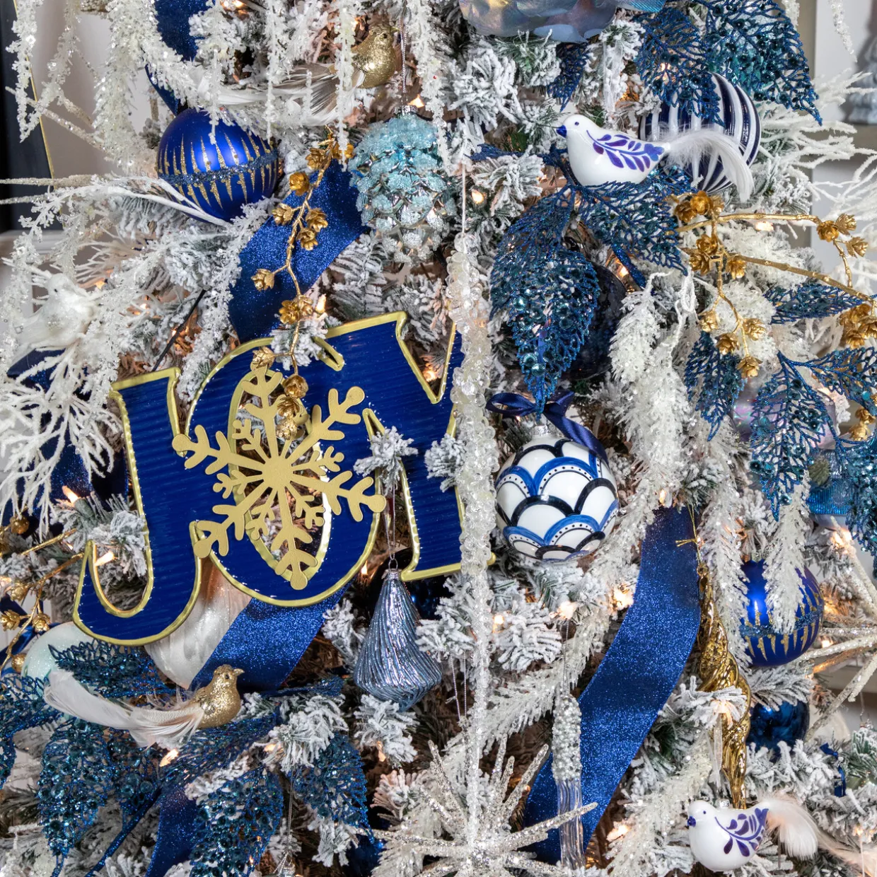 4" Blue and White Striped Glass Christmas Ornament