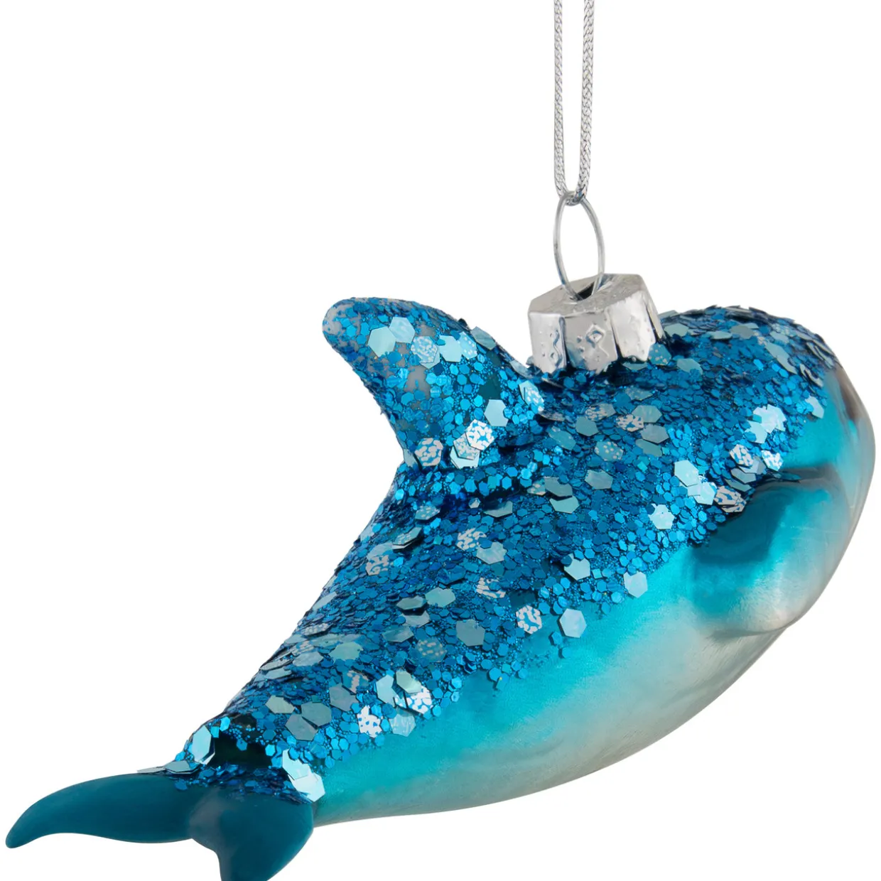 4.75" Blue Dolphin Glittered Glass Christmas Hanging Ornament