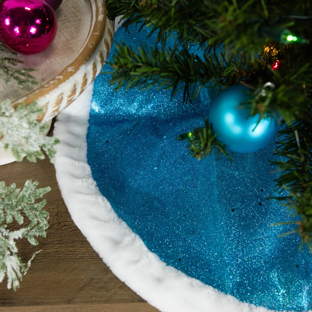 20" Blue Glittered Mini Christmas Tree Skirt with Fur Trim