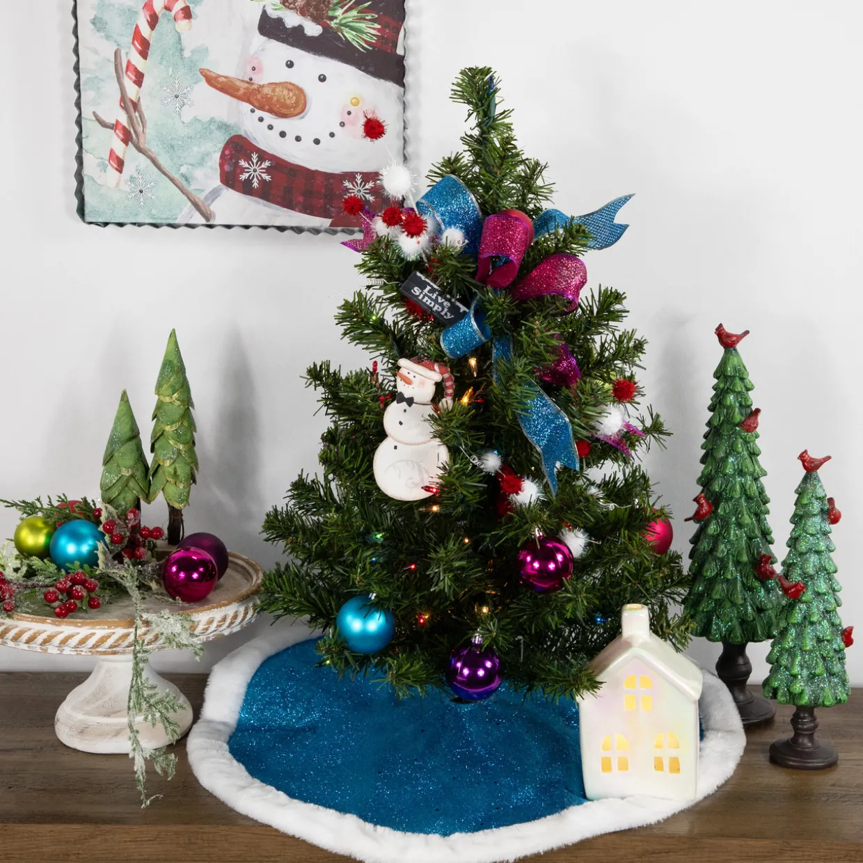 20" Blue Glittered Mini Christmas Tree Skirt with Fur Trim