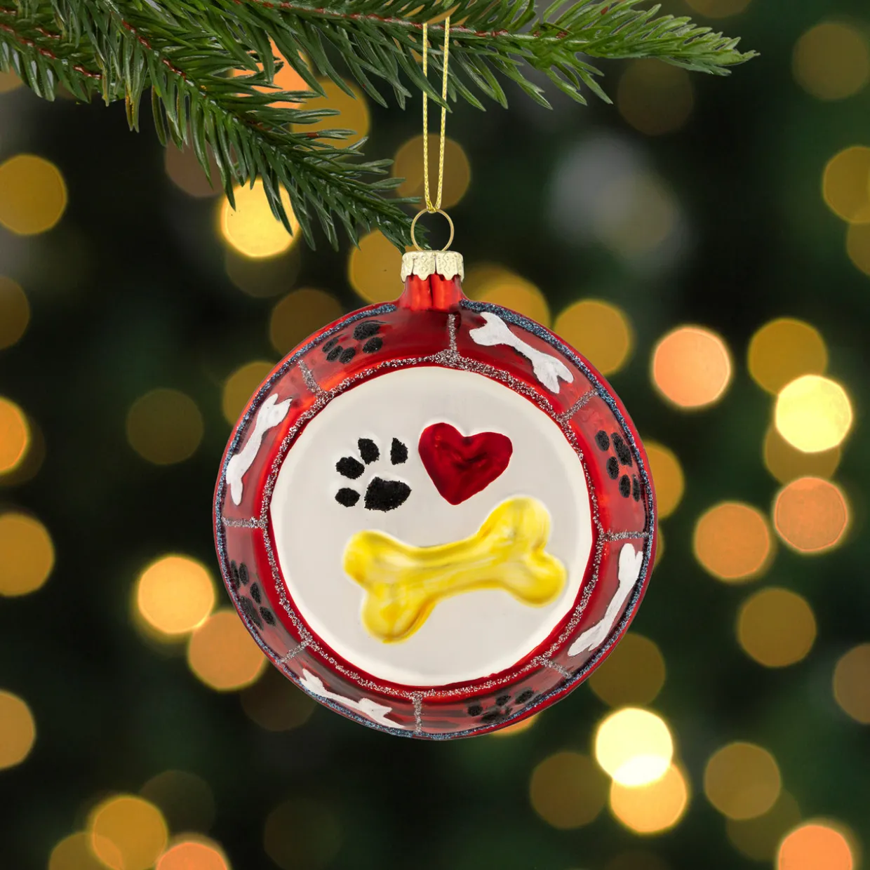 3.75" Bones and Heart Dog Food Bowl Glass Christmas Ornament