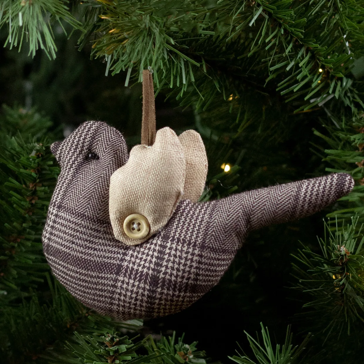 8" Brown and Beige Houndstooth Plaid Bird Christmas Ornament