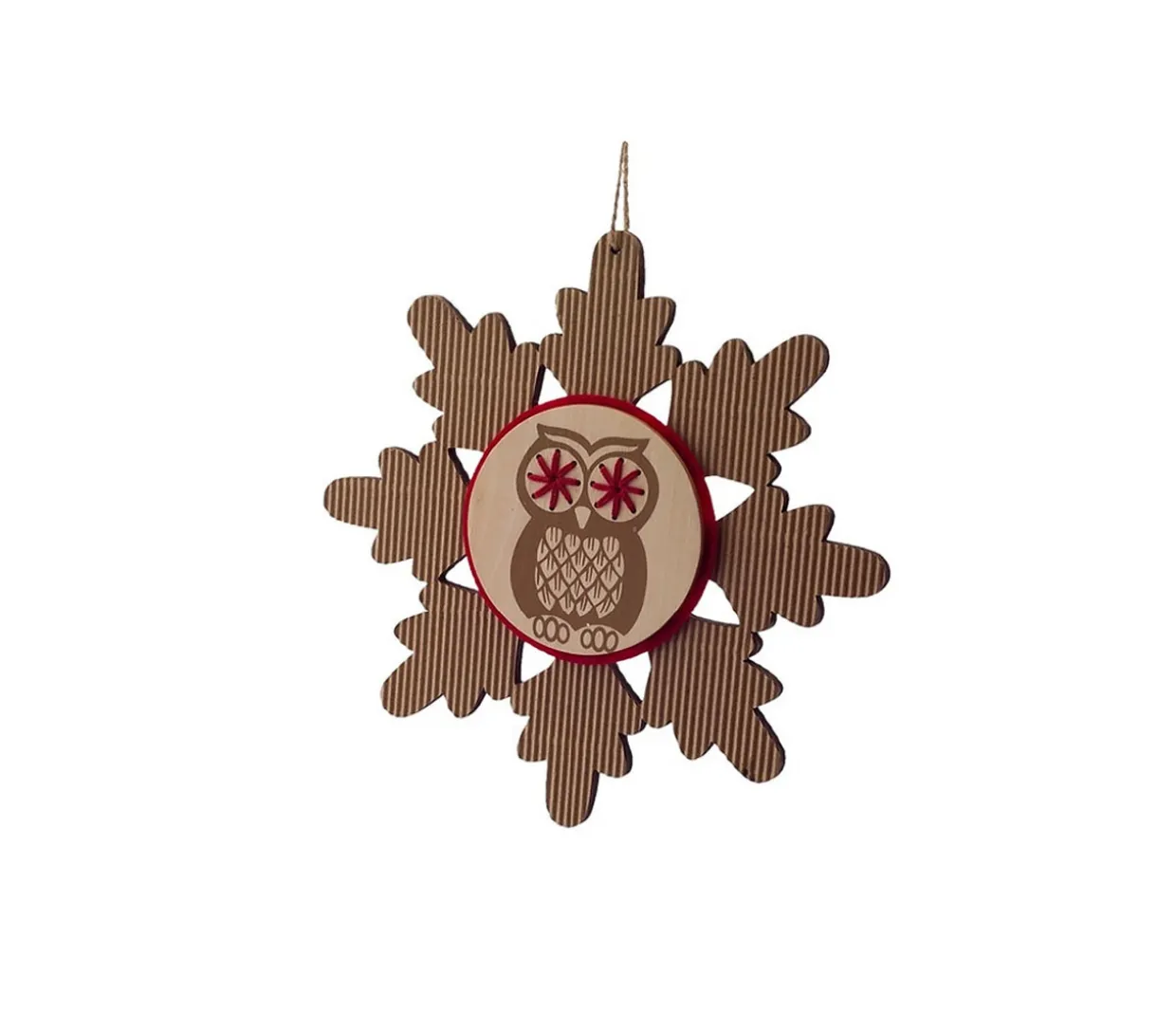 7" Brown and Red Embroidered Craft Snowflake with Owl Stamp Christmas Ornament
