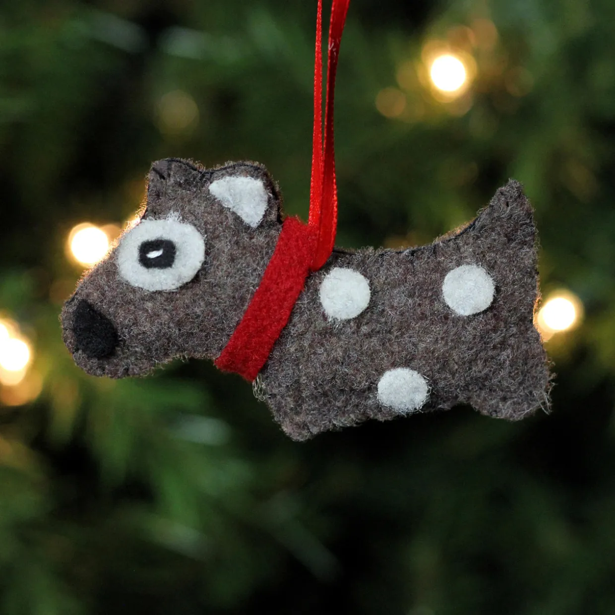 3.75" Brown and White Polka Dot Plush Dog Hanging Christmas Ornament