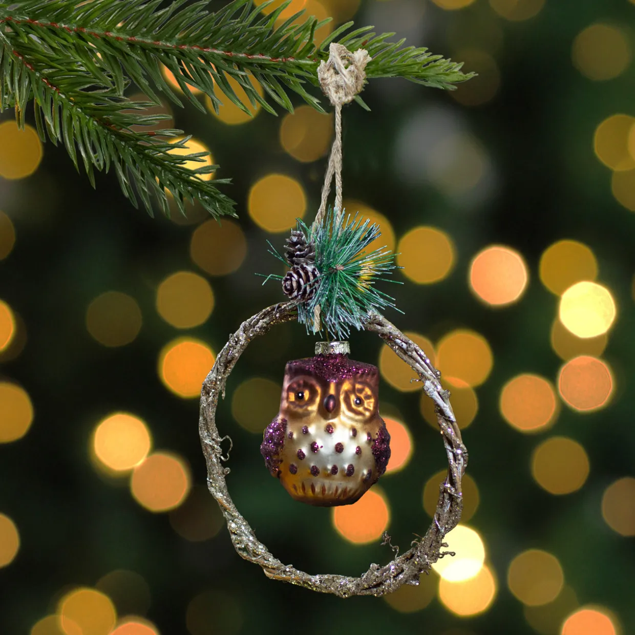 5.25" Brown Glass Owl in a Twig Wreath Christmas Ornament