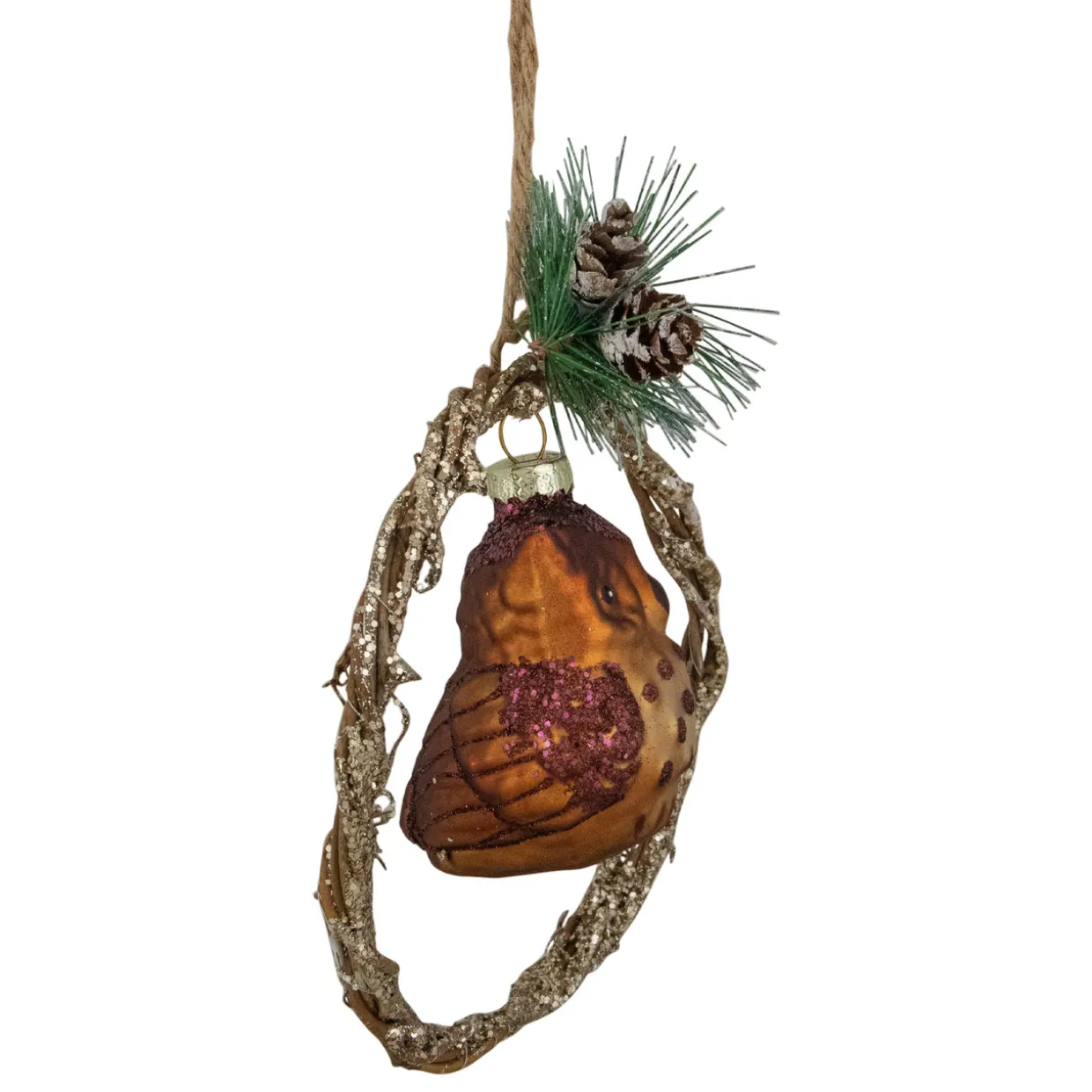 5.25" Brown Glass Owl in a Twig Wreath Christmas Ornament