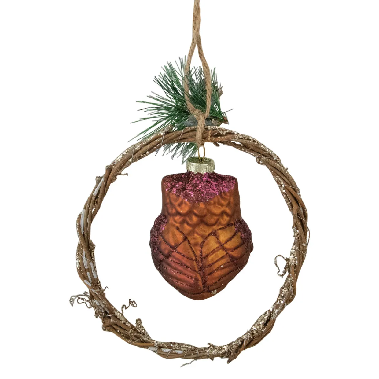 5.25" Brown Glass Owl in a Twig Wreath Christmas Ornament