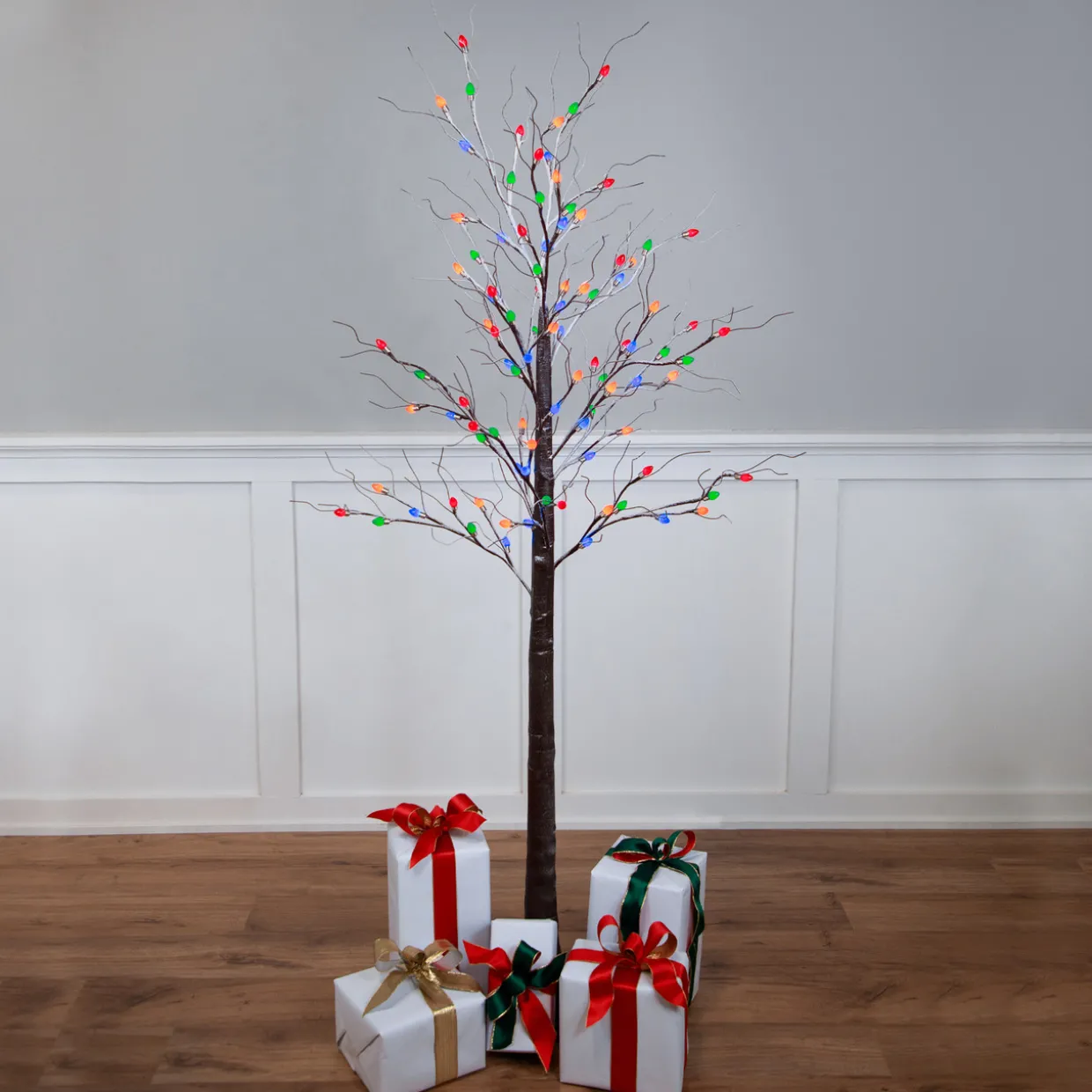 6' Brown LED Lighted Frosted Christmas Twig Tree - Multi-Color lights
