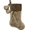 20.5" Brown Plush Christmas Stocking with Corduroy Cuff and Pom Poms