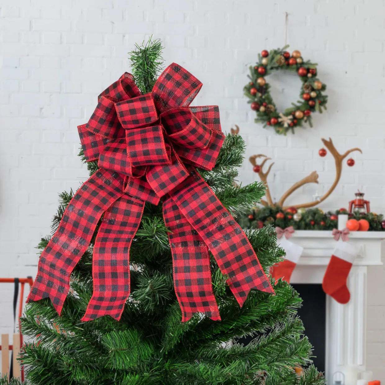19" Buffalo Plaid Print 14 Loop Christmas Bow Tree Topper