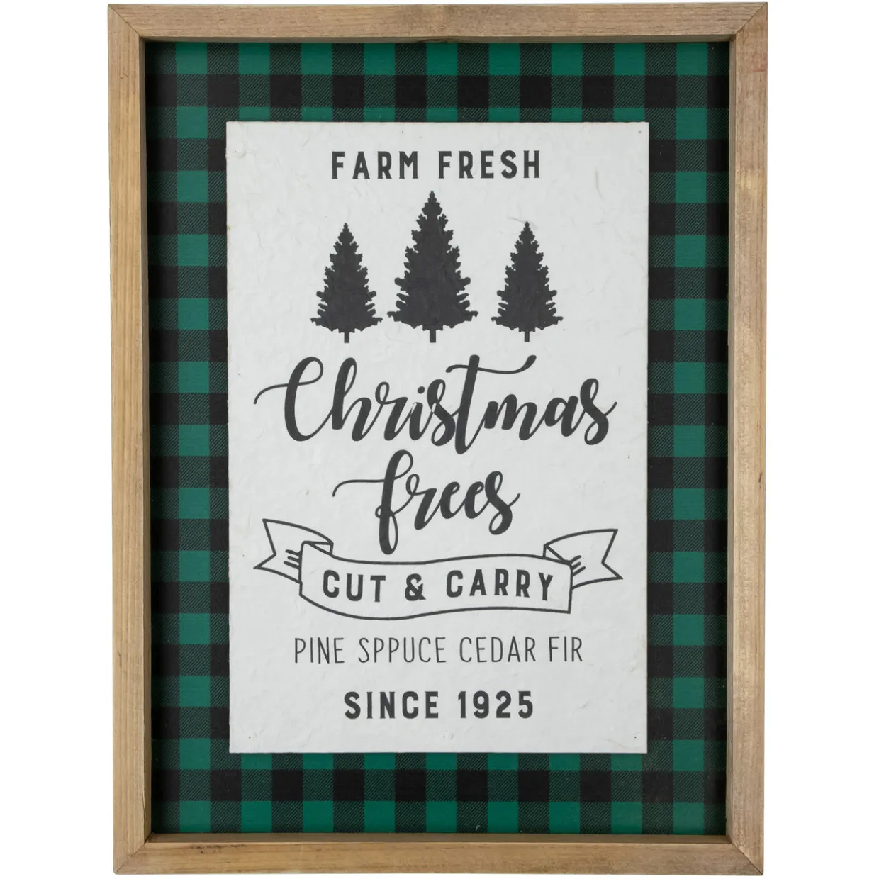 16" Buffalo Plaid Wooden Framed "Farm Fresh Christmas Trees" Wall Decor