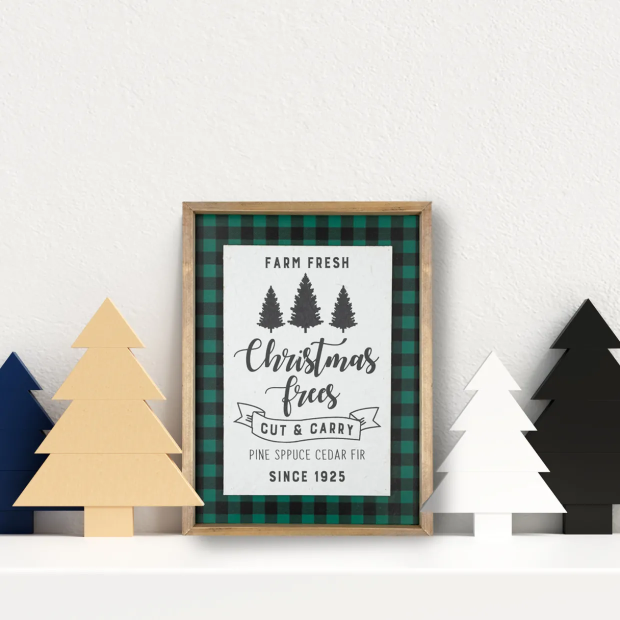 16" Buffalo Plaid Wooden Framed "Farm Fresh Christmas Trees" Wall Decor