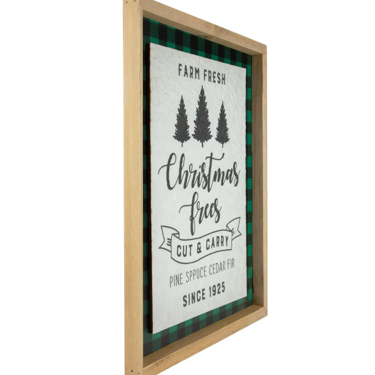 16" Buffalo Plaid Wooden Framed "Farm Fresh Christmas Trees" Wall Decor