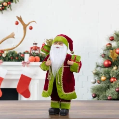 16" Burgundy and Bright Green Santa Claus with Gifts Christmas Figure