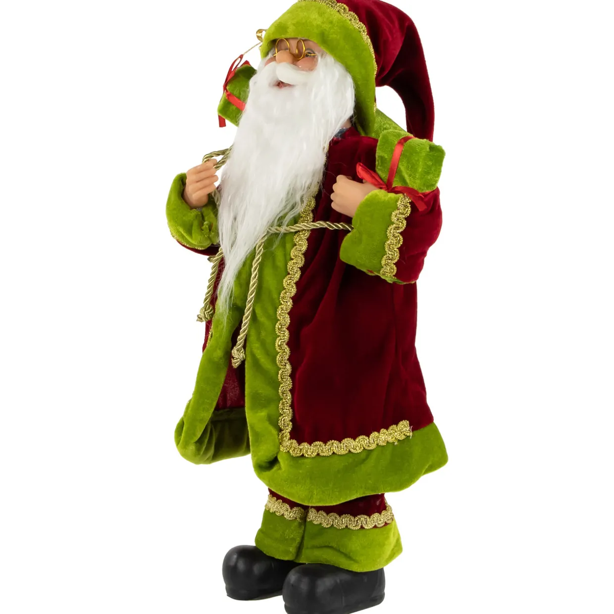 16" Burgundy and Bright Green Santa Claus with Gifts Christmas Figure
