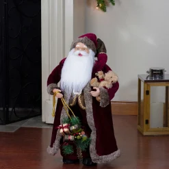 24" Burgundy Santa Claus with Teddy Bear Christmas Figure