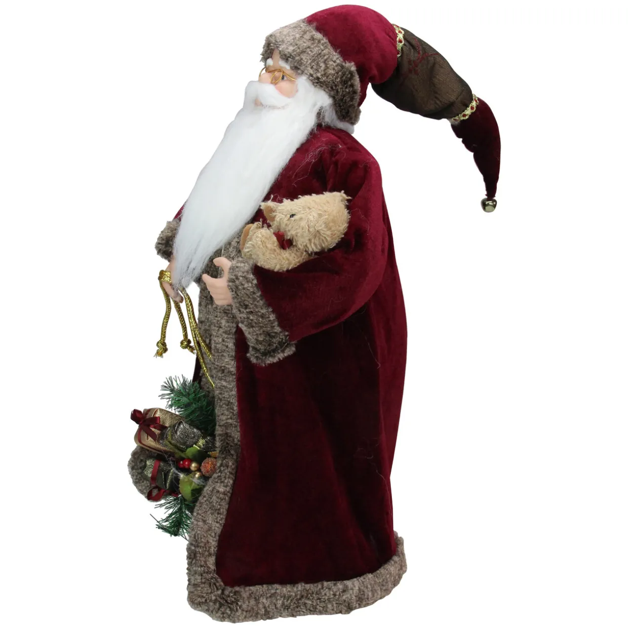 24" Burgundy Santa Claus with Teddy Bear Christmas Figure