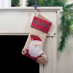 19" Burlap Plaid Whimsical Santa Waiving Christmas Stocking