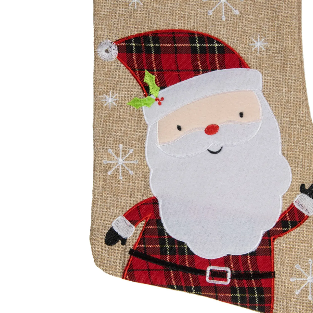19" Burlap Plaid Whimsical Santa Waiving Christmas Stocking