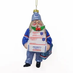 6" Busy Santa "USPS Priority" Mail Carrier Glass Christmas Ornament
