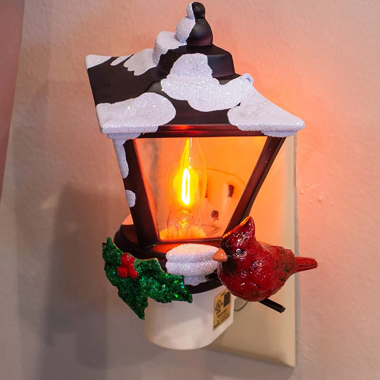 6" Cardinal on a Snow Covered Street Lamp Flickering Christmas Night Light