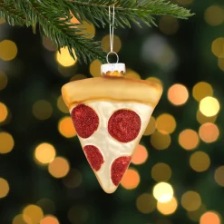 4.25" Cheese and Pepperoni Pizza Slice Glass Christmas Ornament