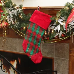 19" Christmas Traditions Red, Green and Gold Woven Plaid and Velvet Stocking