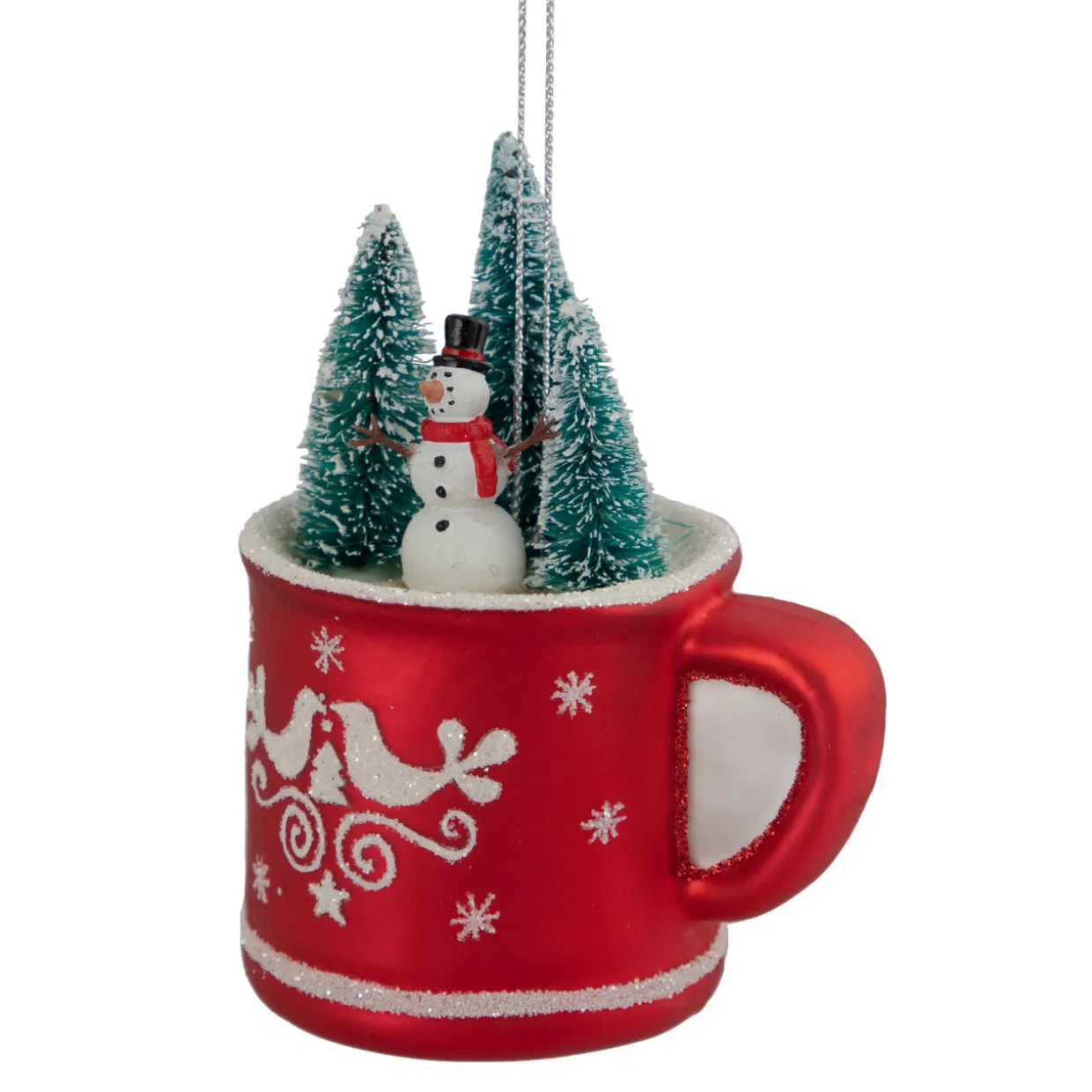 4.25" Christmas Trees and Snowman in a Cup Glass Ornament