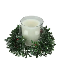 6" Clear and Green Boxwood with Berry Tipped Christmas Hurricane Pillar Candle Holder