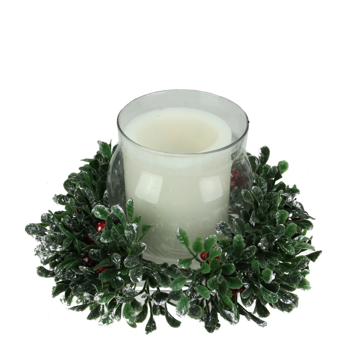 6" Clear and Green Boxwood with Berry Tipped Christmas Hurricane Pillar Candle Holder