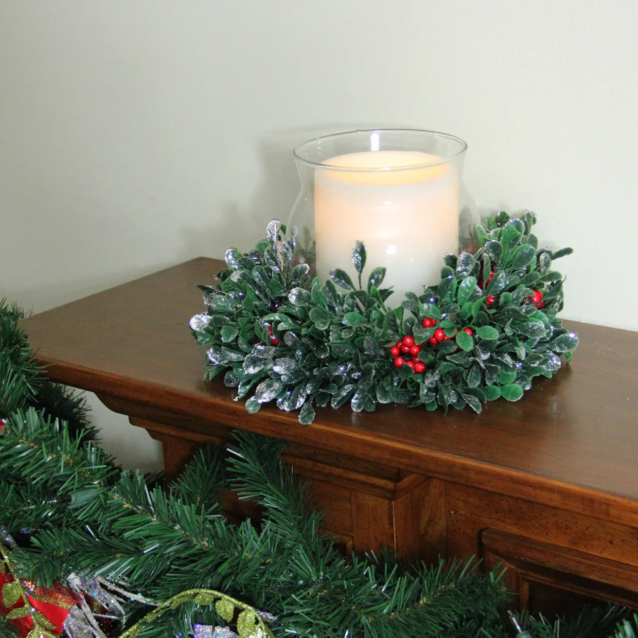 6" Clear and Green Boxwood with Berry Tipped Christmas Hurricane Pillar Candle Holder