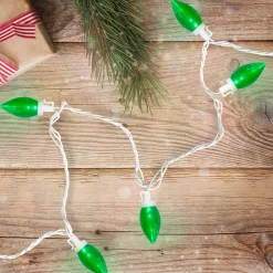 25 Count Green LED C9 Christmas Lights, 16 ft White Wire