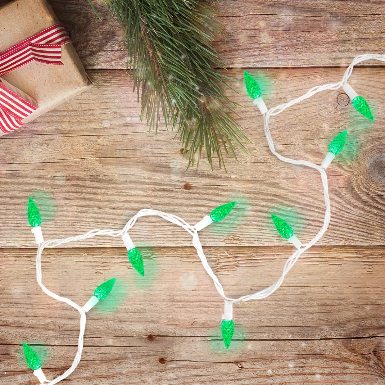 70 Count Green LED C6 Faceted Christmas Lights, 22.5 ft White Wire