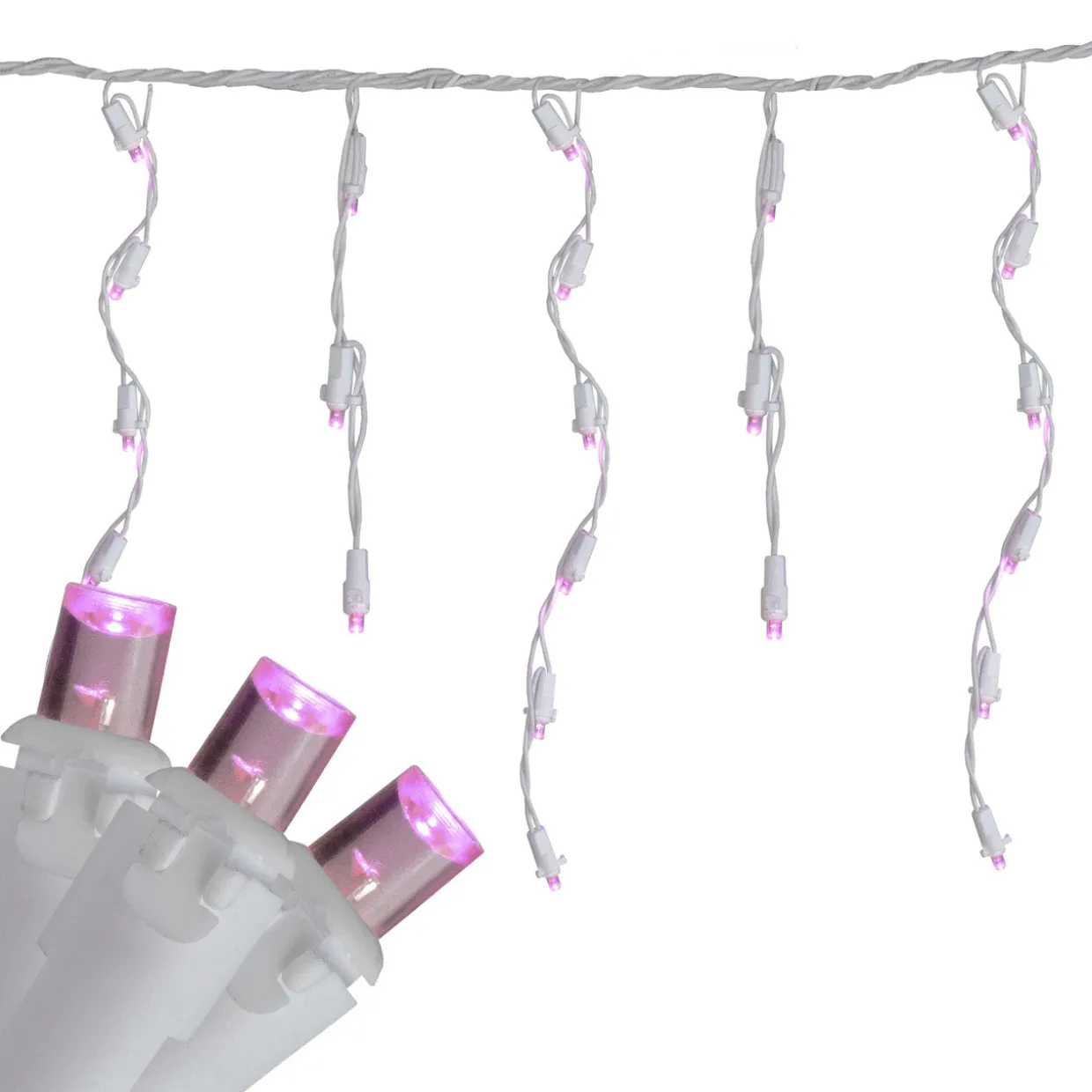 100 Count Pink LED Wide Angle Icicle Christmas Lights, 5.5 ft White Wire