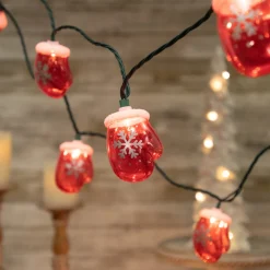 10 Count Red Snowflake Mitten Christmas Light Set, 7.5ft Green Wire