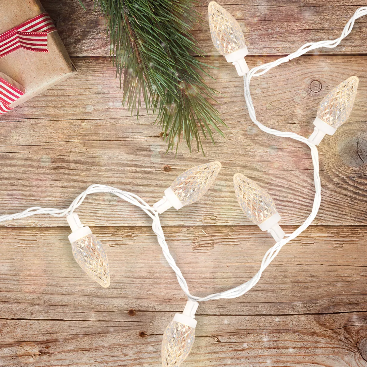 100 Count Warm White LED Faceted C9 Christmas Lights - 41 ft White Wire