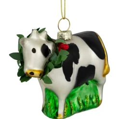 3" Cow with Wreath Christmas Glass Hanging Ornament