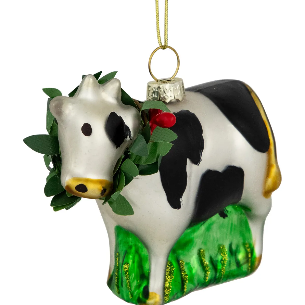 3" Cow with Wreath Christmas Glass Hanging Ornament