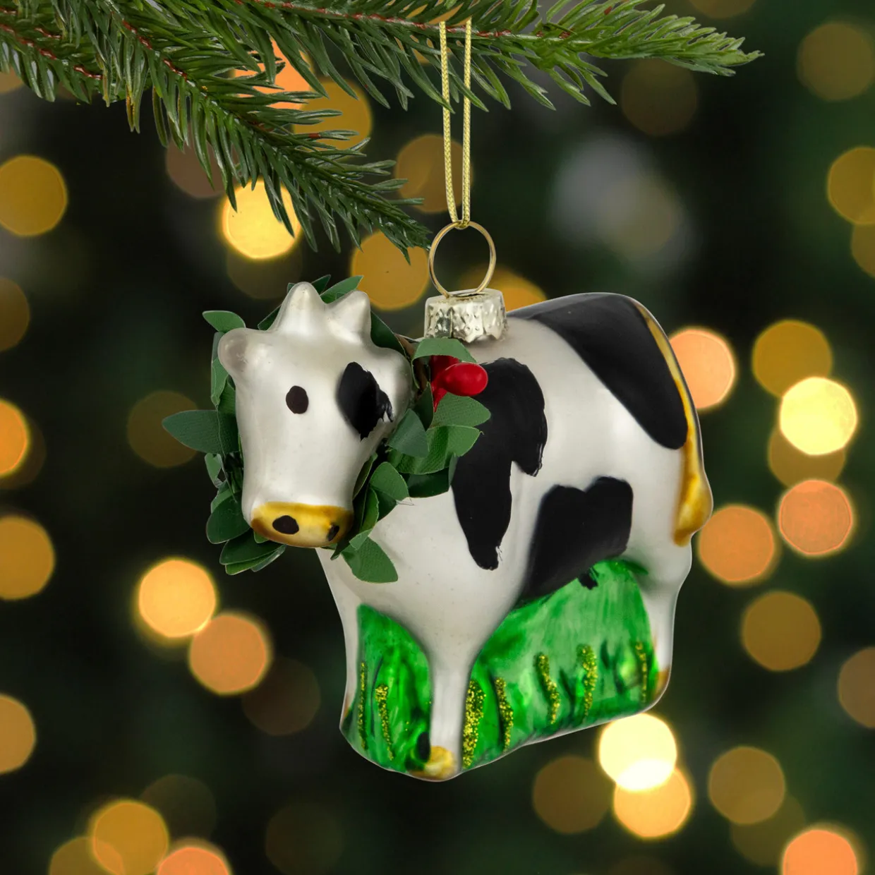 3" Cow with Wreath Christmas Glass Hanging Ornament