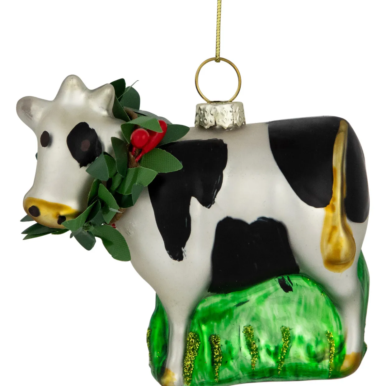 3" Cow with Wreath Christmas Glass Hanging Ornament