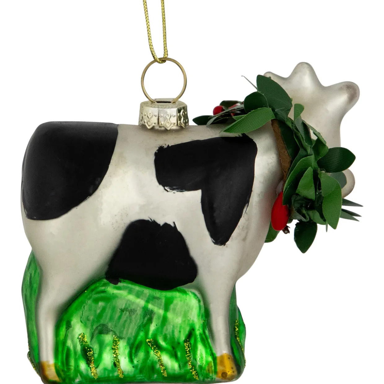 3" Cow with Wreath Christmas Glass Hanging Ornament