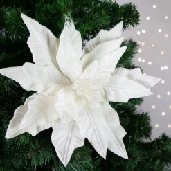 24" Cream Glittered Poinsettia Christmas Stem Spray