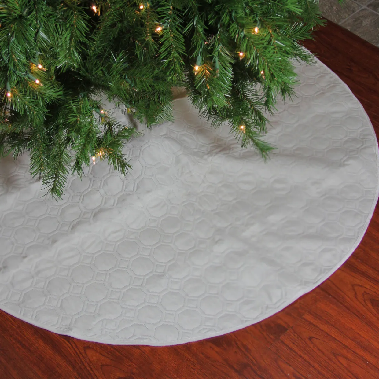 48" Cream Quilted Christmas Hexagon Tree Skirt with Velvety Trim